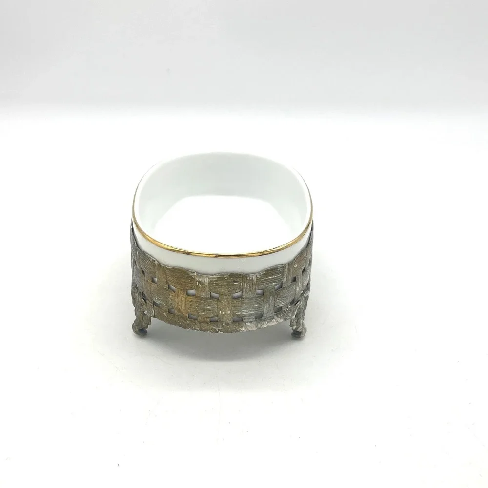 Vintage Oval Ceramic Soap Dish with Ornate Silver Metal Footed Basket